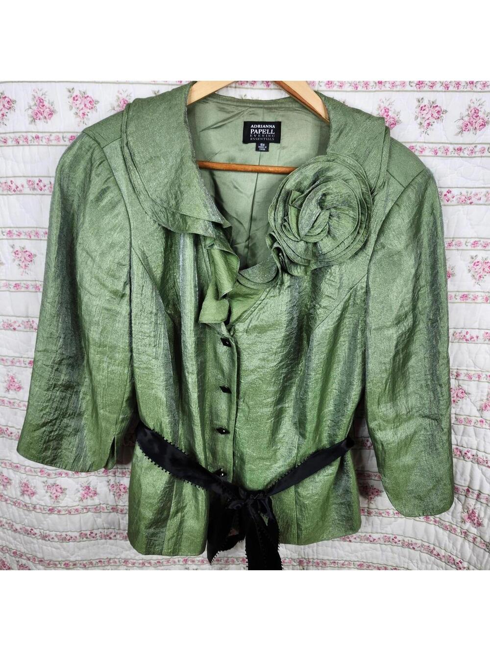Adrianna Papell Evening Jacket 16W Green Rosette Belted Formal Blazer